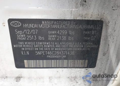 2008 Hyundai Sonata Gls from USA, damaged, VIN 5NPET46C28H371438